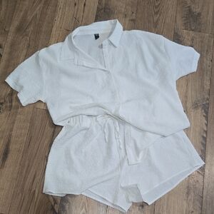 White Button-Up Shirt and Shorts Set